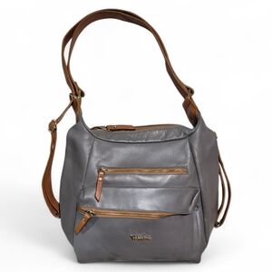 Valentina Gray Shoulder Bag with Brown Trim